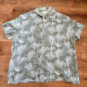 Mutual Weave 2XL Green Palm Print Casual Button Down Linen Blend Shirt